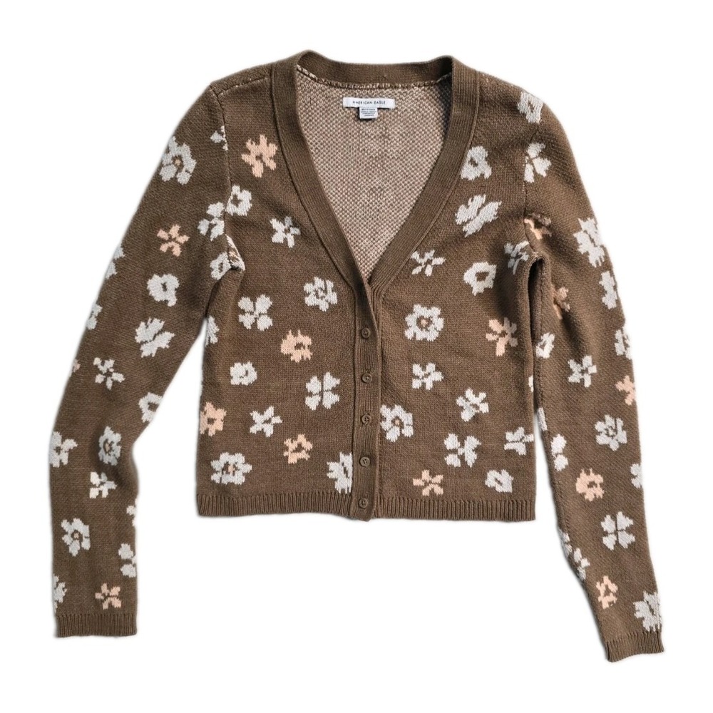 American Eagle Brown Floral Long Sleeved Cropped Cardigan XS Women's